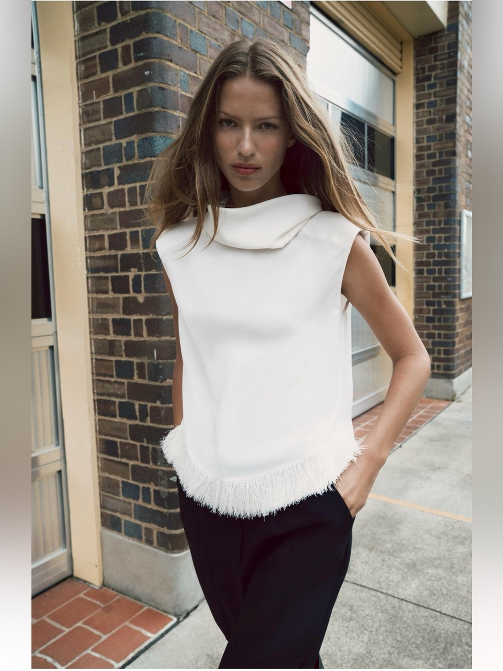 New ZARA Shoulder Pad Sleeveless Fringe Hem Top